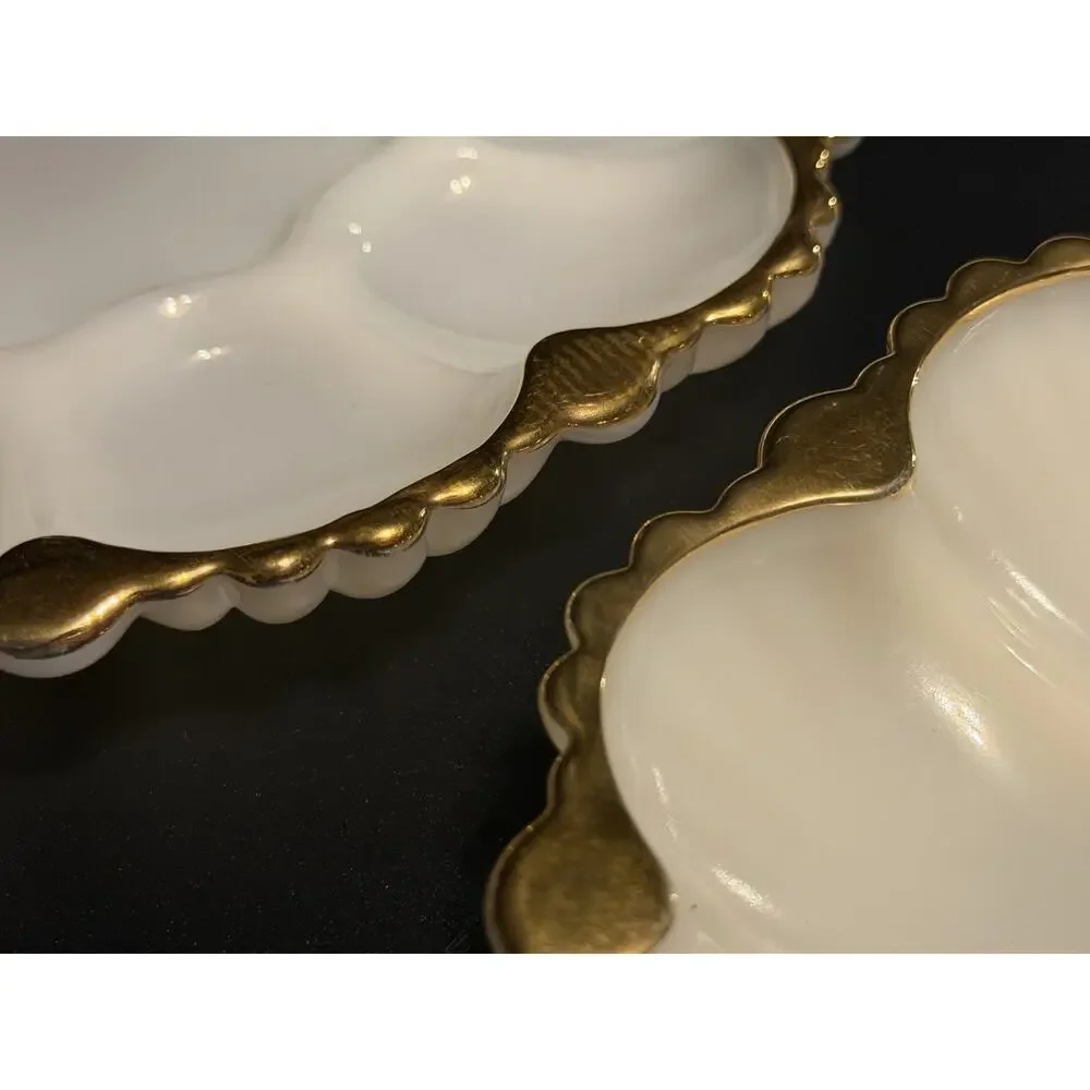 2 Anchor Hocking Fire King Milk Glass Deviled Egg Plates 22K Gold Trim Platters